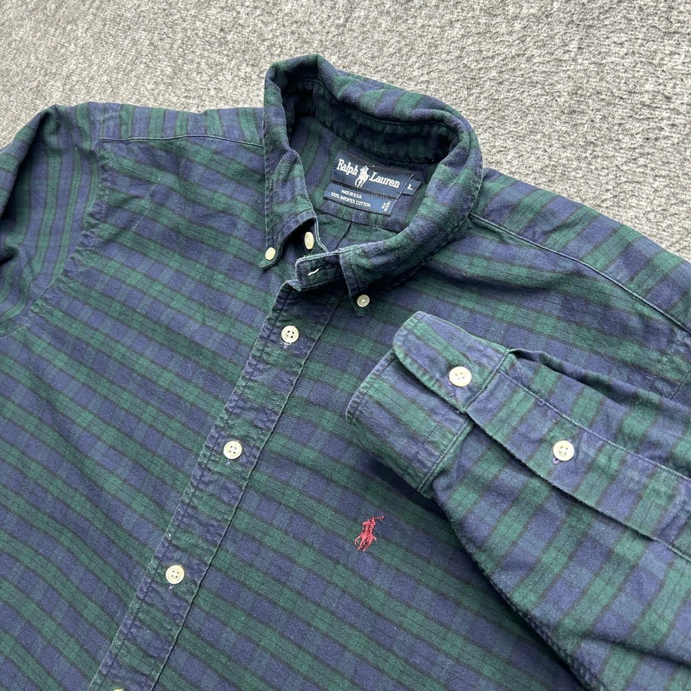 Polo Ralph Lauren Plaid Button Down Shirt Large Light Flannel Cotton Blue